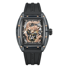Luxury watch with black strap and intricate design on a white background