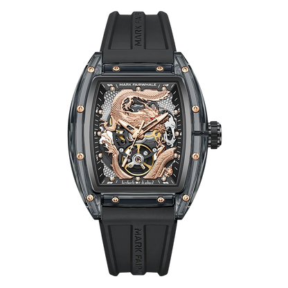 Luxury watch with black strap and intricate design on a white background