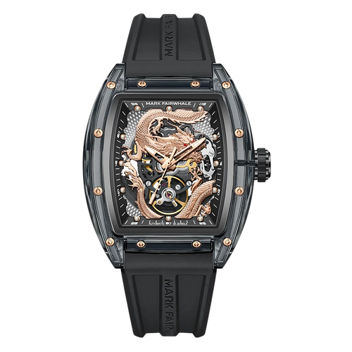 Luxury watch with black strap and intricate design on a white background