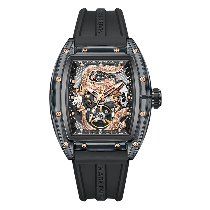 Luxury watch with black strap and intricate design on a white background