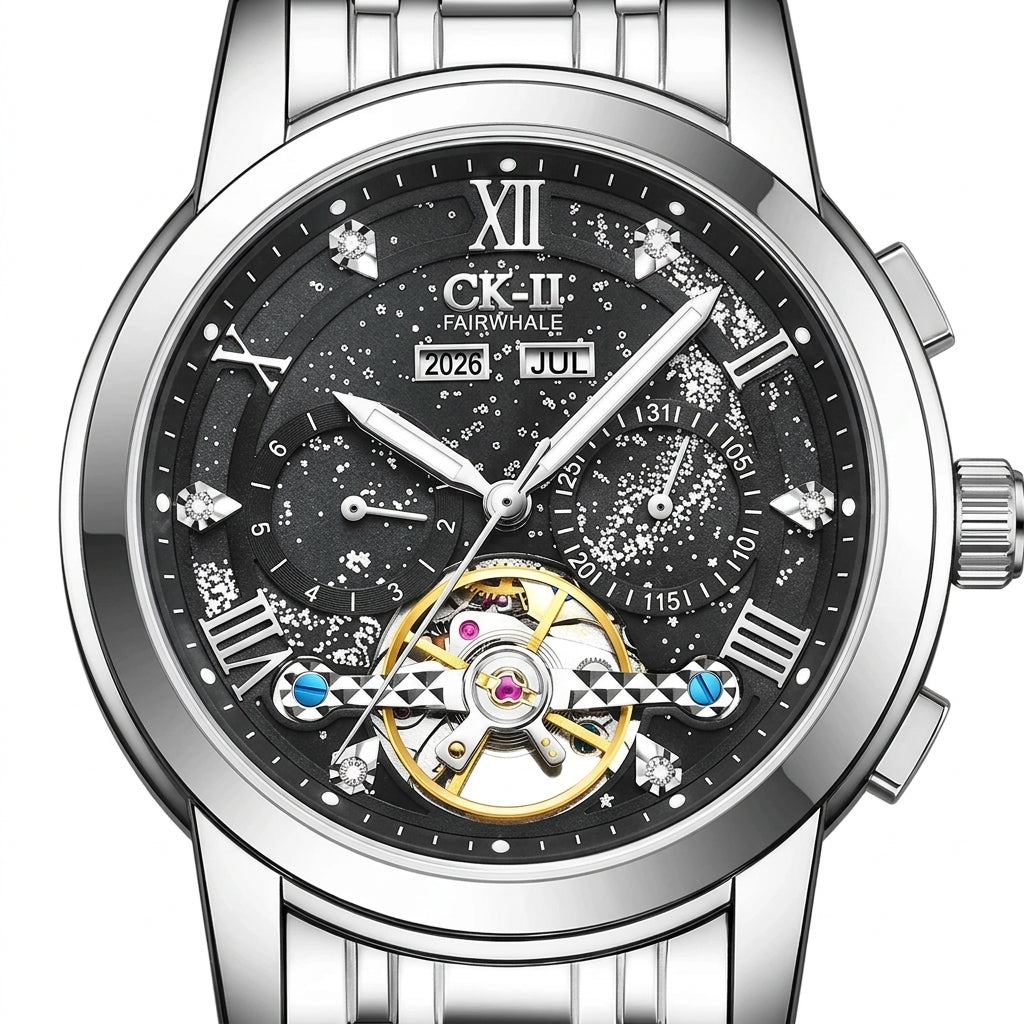 Luxury watch with intricate design and visible brand name on a white background