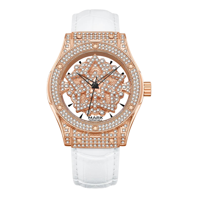 Luxury watch with rose gold case and white strap on a white background