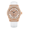 Luxury watch with rose gold case and white strap on a white background