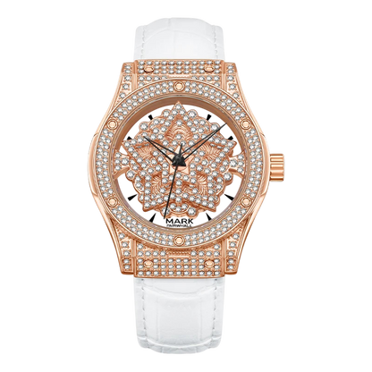 Luxury watch with rose gold case and white strap on a white background