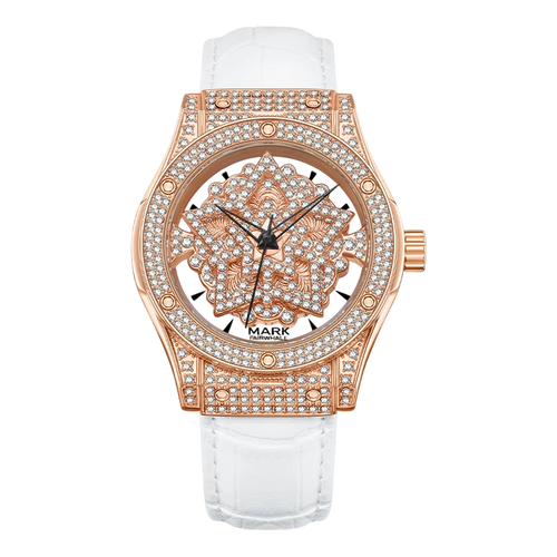Luxury watch with rose gold case and white strap on a white background