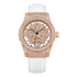 Luxury watch with rose gold case and white strap on a white background