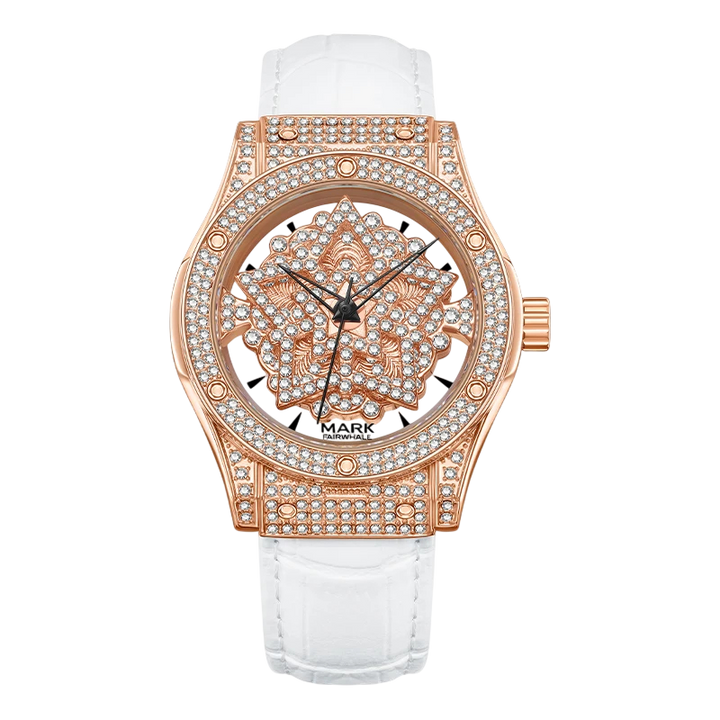 Luxury watch with rose gold case and white strap on a white background