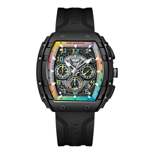Luxury watch with a black strap and colorful face on a white background