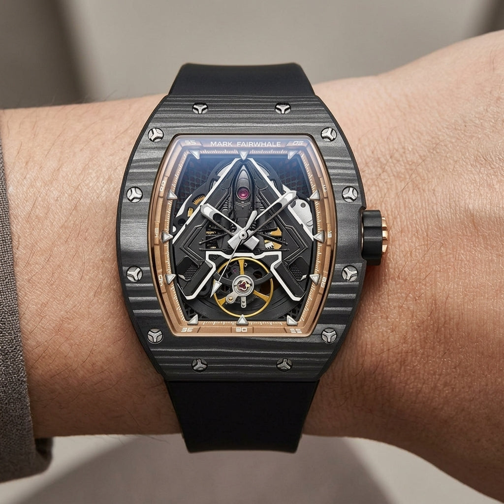 Luxury watch with a black strap on a wrist against a neutral background