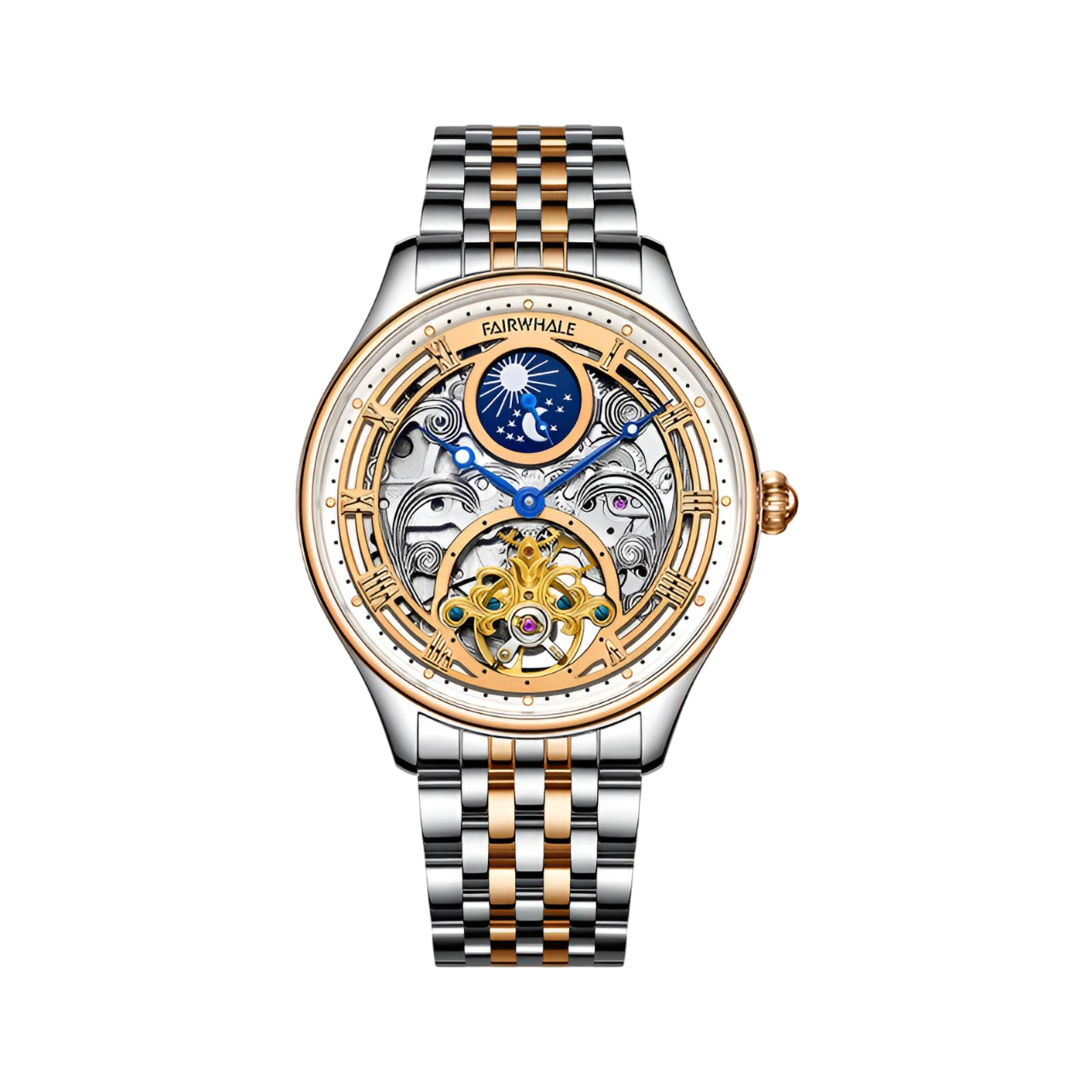 Luxury watch with a detailed face and two-tone metal strap on a white background