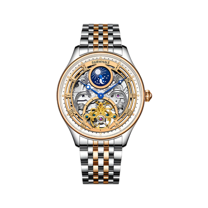 Luxury watch with a detailed face and two-tone metal strap on a white background