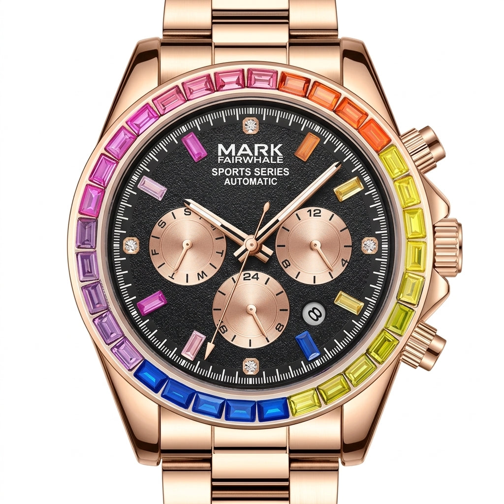 Luxury watch with a rainbow-colored bezel on a white background