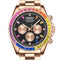 Luxury watch with a rainbow-colored bezel on a white background