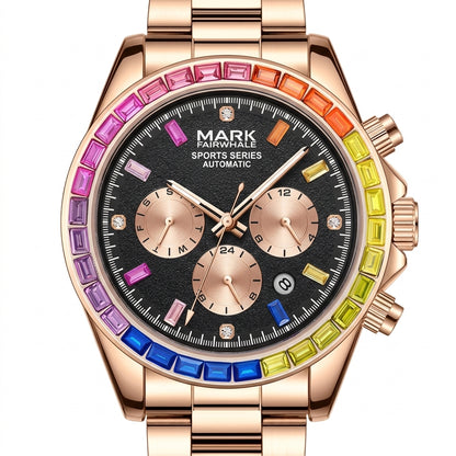 Luxury watch with a rainbow-colored bezel on a white background