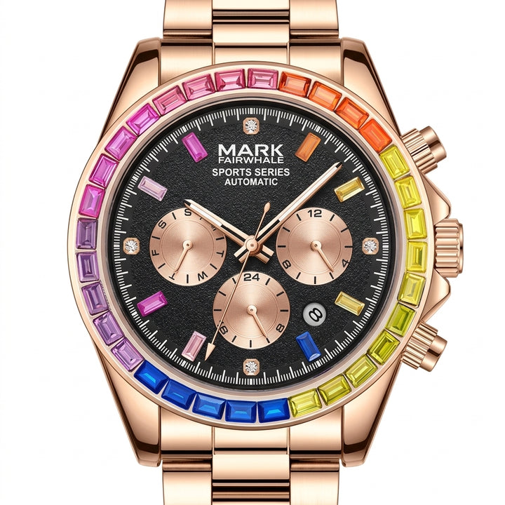 Luxury watch with a rainbow-colored bezel on a white background