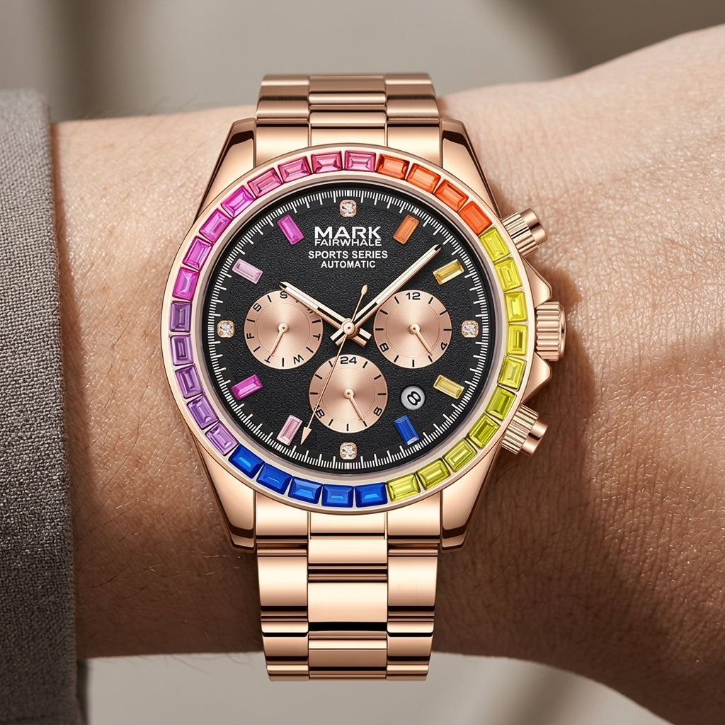 Luxury watch with a rainbow bezel on a wrist against a neutral background