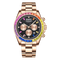 Luxury watch with a rose gold band and colorful bezel on a white background