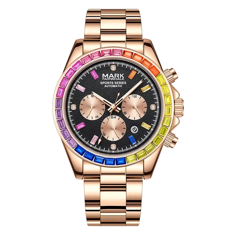 Luxury watch with a rose gold band and colorful bezel on a white background