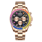 Luxury watch with a rose gold band and colorful bezel on a white background