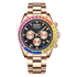 Luxury watch with a rose gold band and colorful bezel on a white background