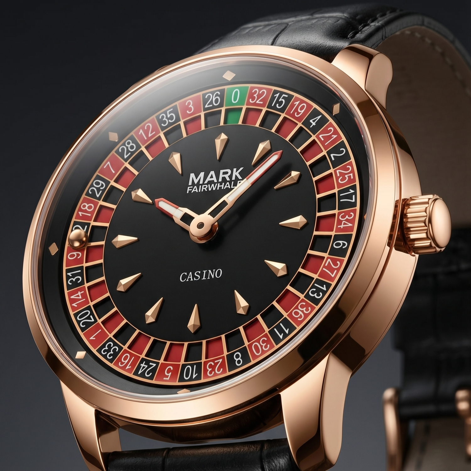 Luxury watch with a roulette-themed face on a dark background