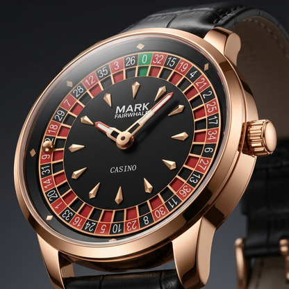 Luxury watch with a roulette-themed face on a dark background