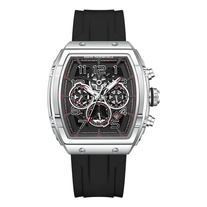 Luxury watch with black strap and detailed face on a white background