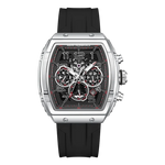 Luxury watch with black strap and detailed face on a white background