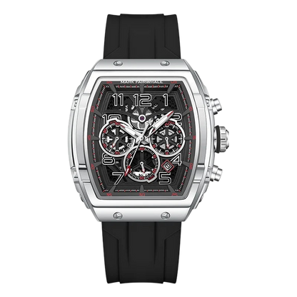 Luxury watch with black strap and detailed face on a white background