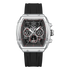 Luxury watch with black strap and detailed face on a white background