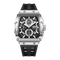 Luxury watch with black strap and silver case on a white background