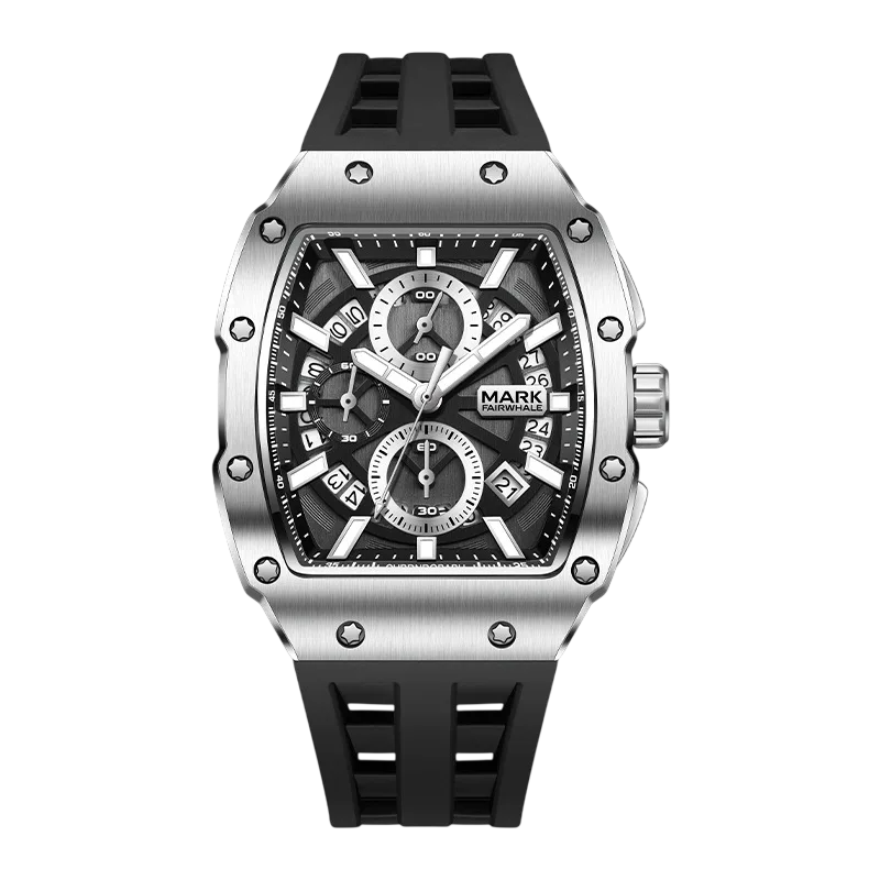 Luxury watch with black strap and silver case on a white background