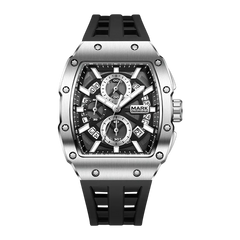 Luxury watch with black strap and silver case on a white background