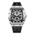 Luxury watch with black strap and silver case on a white background