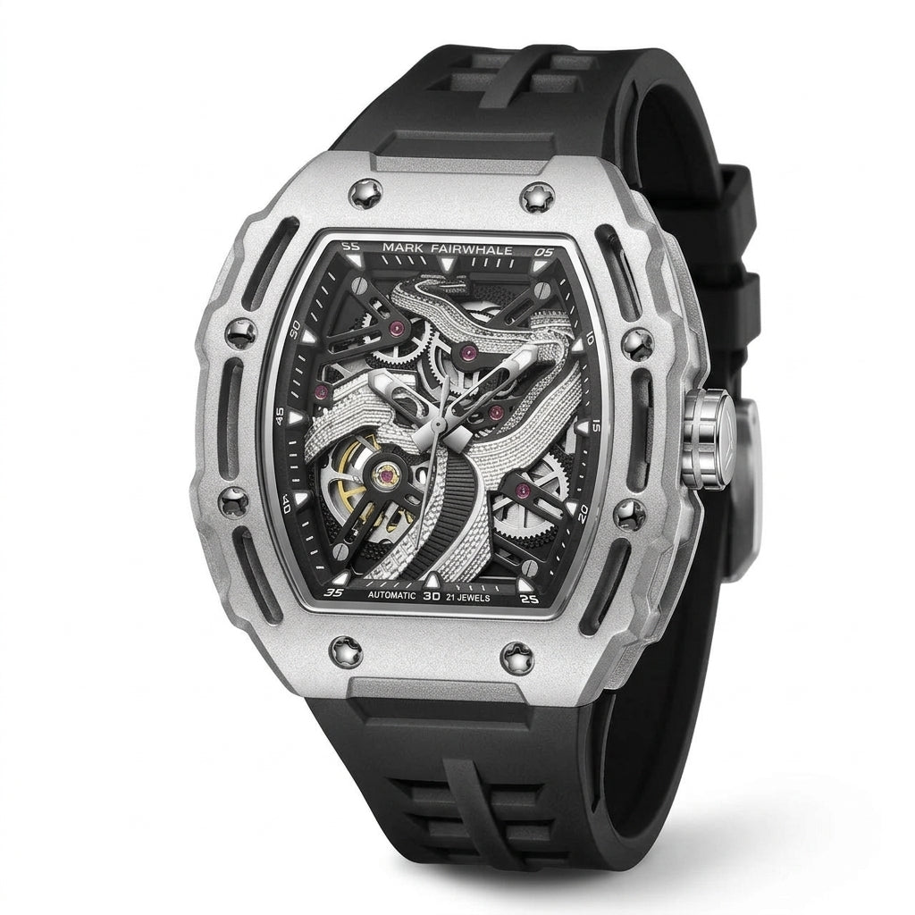 Luxury watch with black strap and silver case on a white background