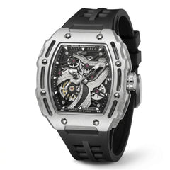 Luxury watch with black strap and silver case on a white background