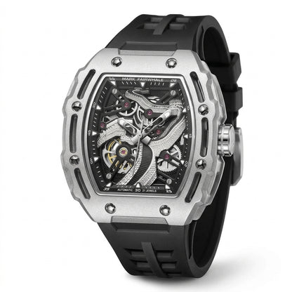 Luxury watch with black strap and silver case on a white background