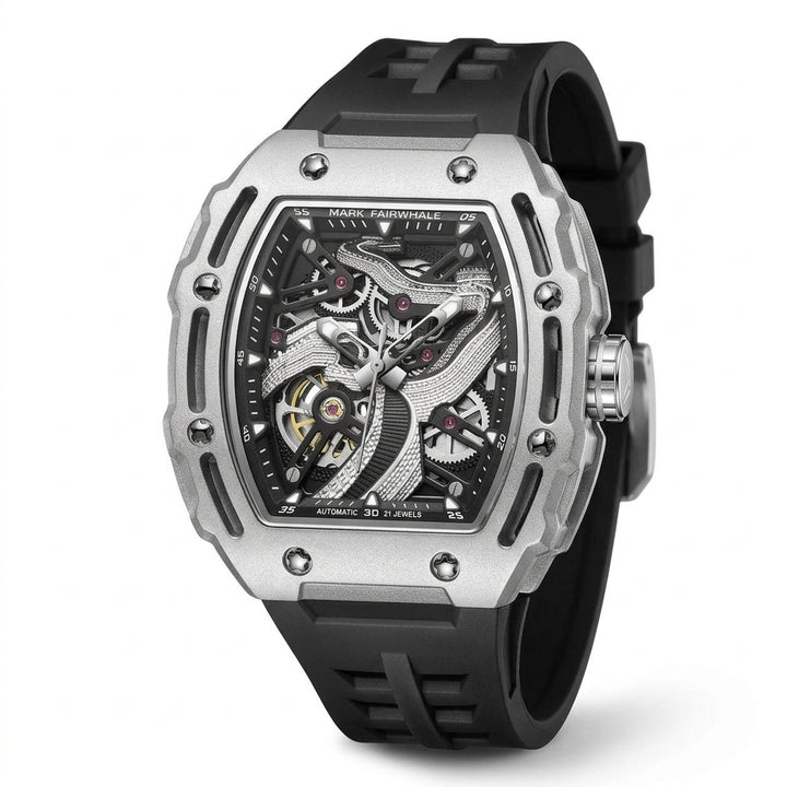 Luxury watch with black strap and silver case on a white background