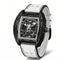 Luxury watch with black and white strap on a white background