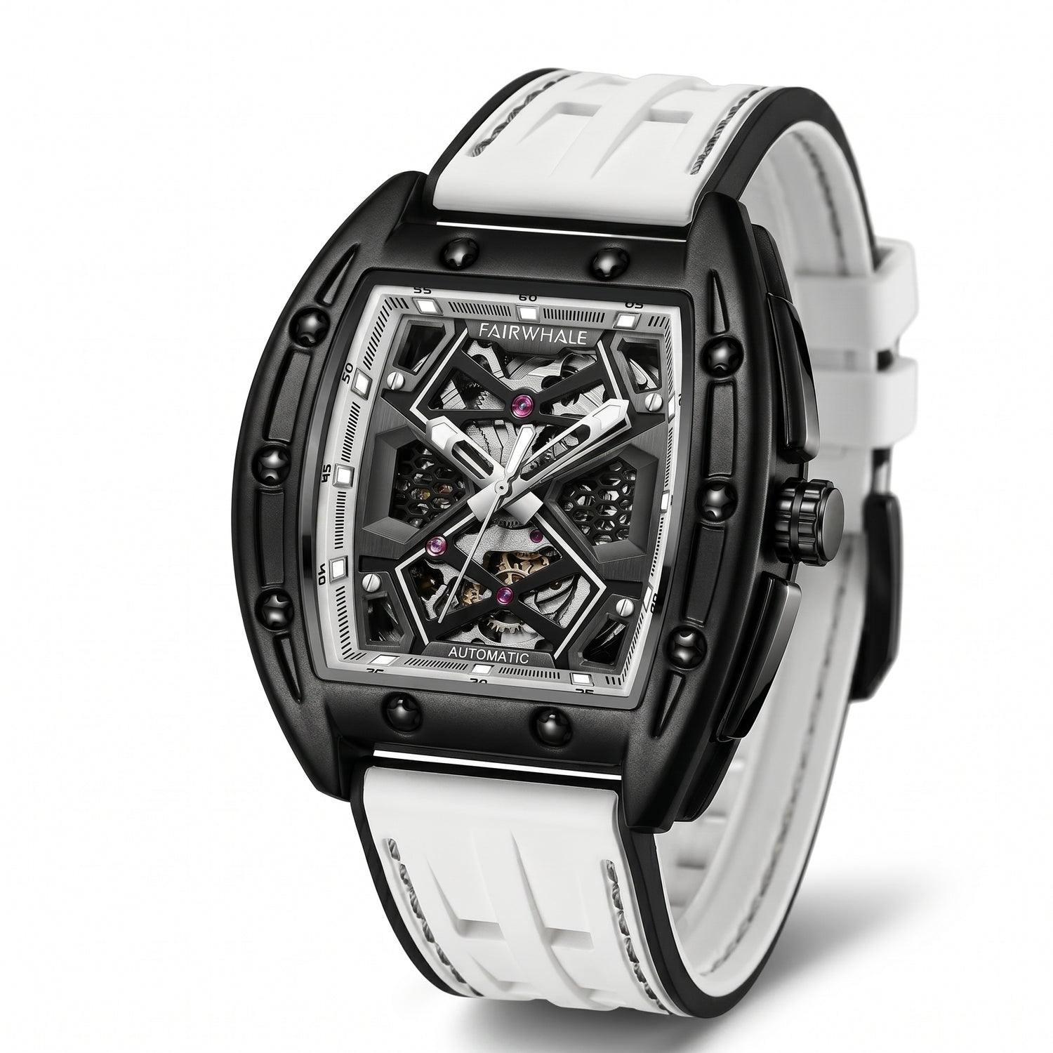 Luxury watch with black and white strap on a white background