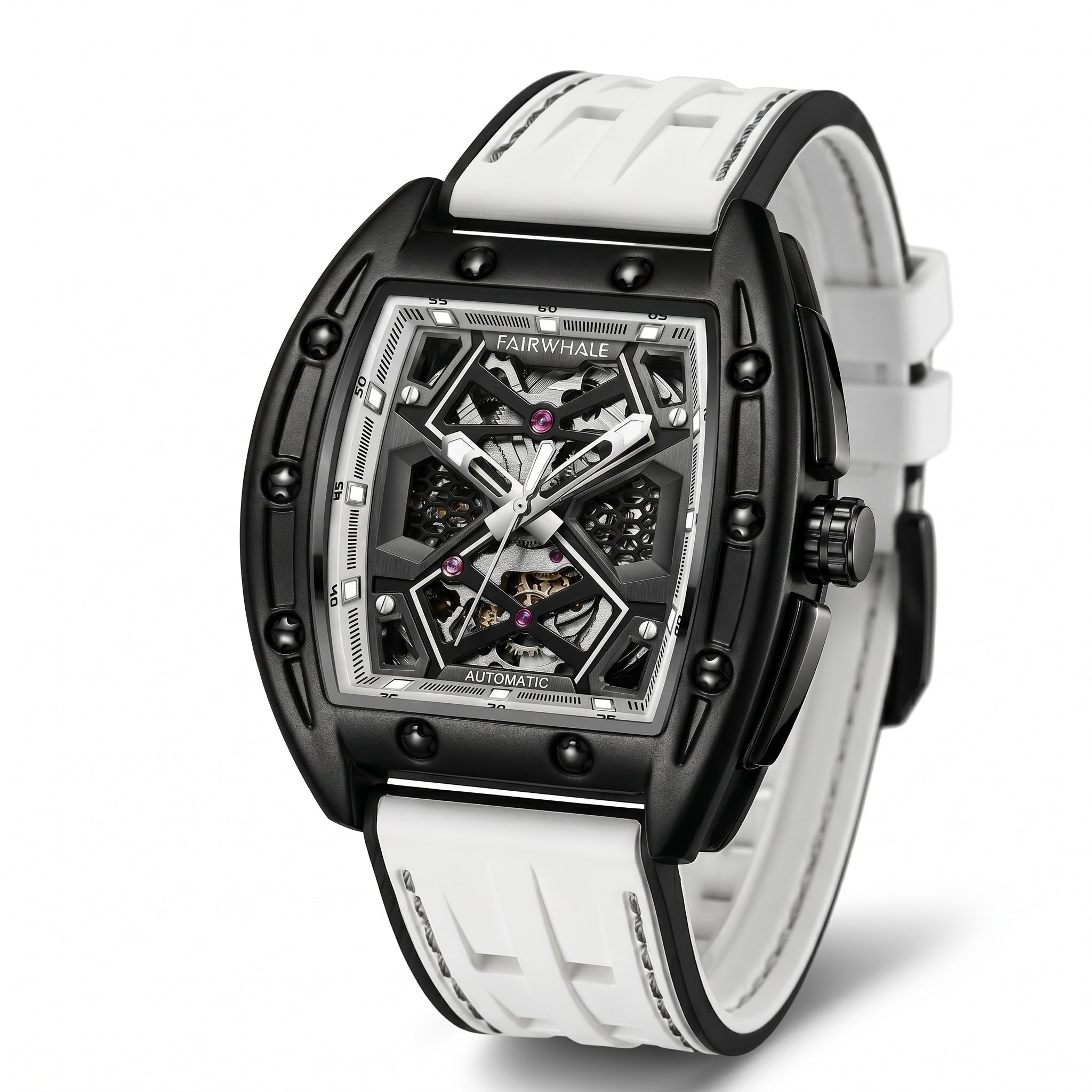 Luxury watch with black and white strap on a white background