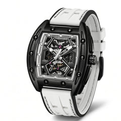 Luxury watch with black and white strap on a white background
