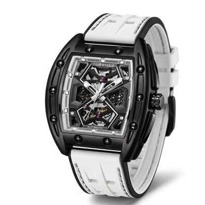 Luxury watch with black and white strap on a white background