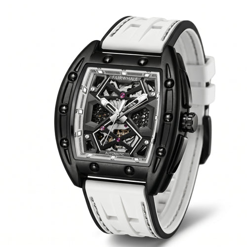 Luxury watch with black and white strap on a white background