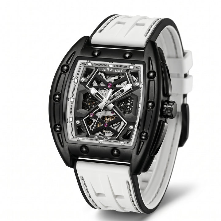 Luxury watch with black and white strap on a white background
