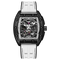 Luxury watch with black case, white strap, and intricate design on a white background