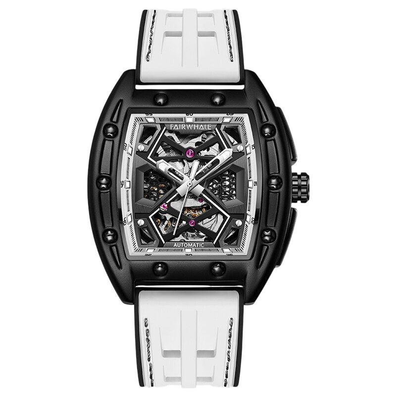 Luxury watch with black case, white strap, and intricate design on a white background