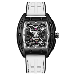 Luxury watch with black case, white strap, and intricate design on a white background