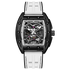 Luxury watch with black case, white strap, and intricate design on a white background