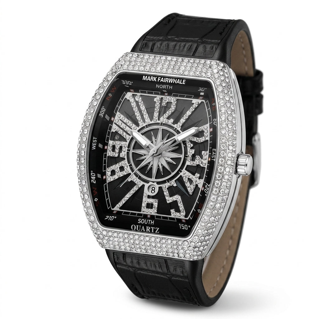 Luxury watch with black leather strap and diamond-studded case on a white background